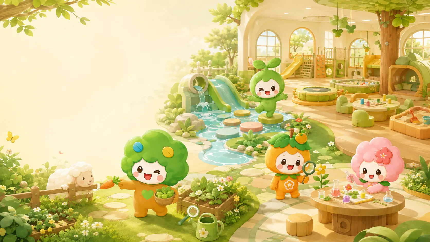 懒懒、芽芽、果果和朵朵在室内与自然间玩耍的品牌插画